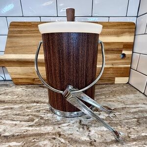 🧊 Vintage Kromex Faux Wood Ice Bucket w/ Silver Tongs — Mid‑Century Charm! 🍸